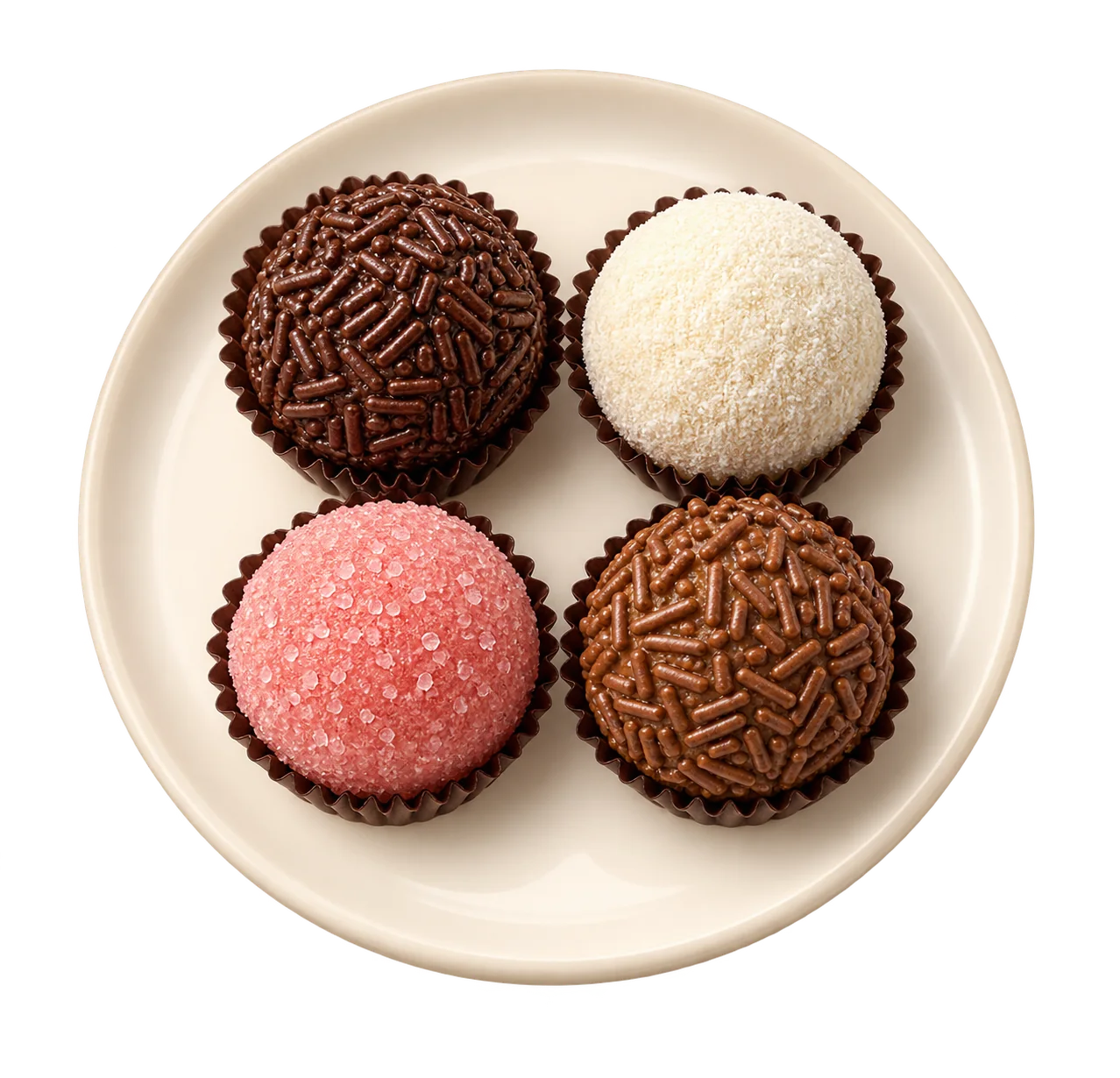 Quatro brigadeiros artesanais variados em um prato claro