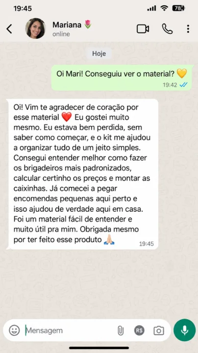 Conversa compartilhada por Mariana sobre como o material ajudou a organizar a produção de brigadeiros e as primeiras encomendas